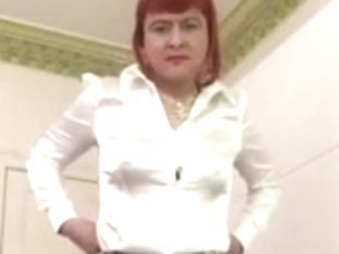 Cock playing Tranny in tight leather suit and pantyhose