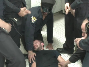 Bound in Public. Hairy perv gets taken downtown and gang fucked by the whole jail house