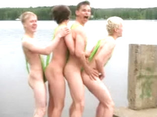 Cool teens picnic in funny swimming suit